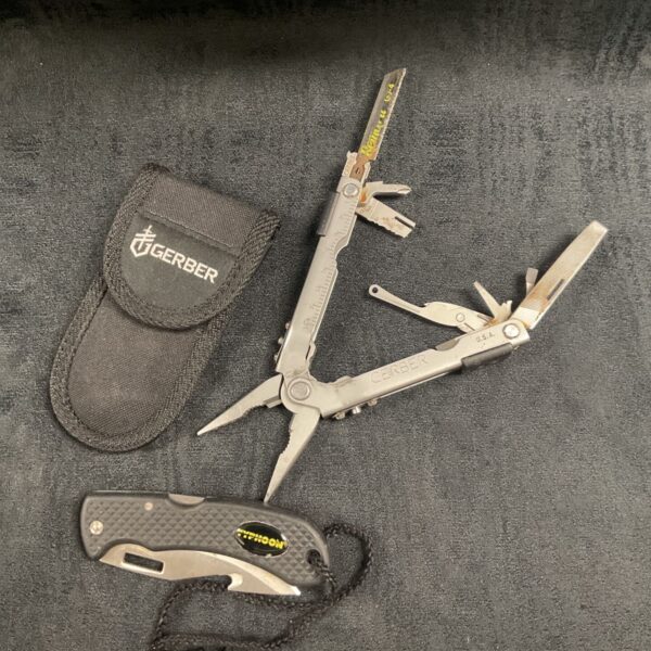 Gerber multi-tool and Typhoon pocket knife with pouch, USA made.