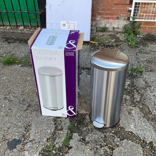 Brushed steel Gerra kitchen bin with original packaging.