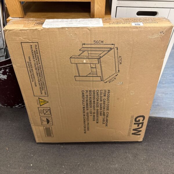 GFW Canyon Lamp Table in unopened dark oak packaging.