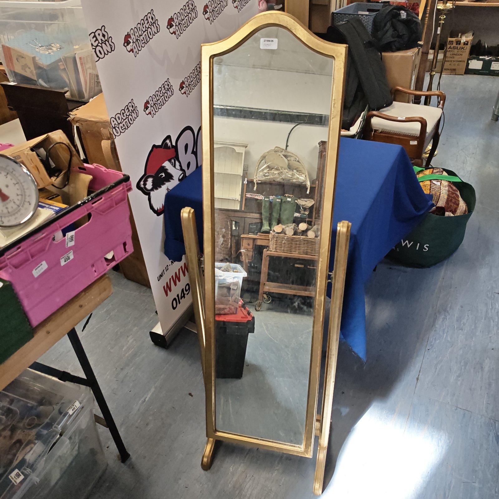 Ornate gilt framed full length dressing mirror, antique style.