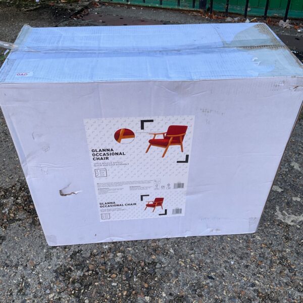 Boxed Glanna occasional chair ready for assembly.