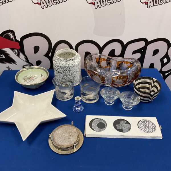 Assorted glassware and coasters lot with a Julia Glassworks crystal bowl.