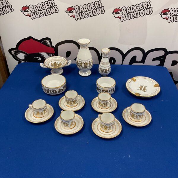 Vintage gold porcelain tea set with Greek key pattern.