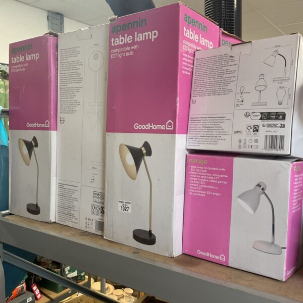 Goodhome table lamp packaging showing E27 bulb compatibility.
