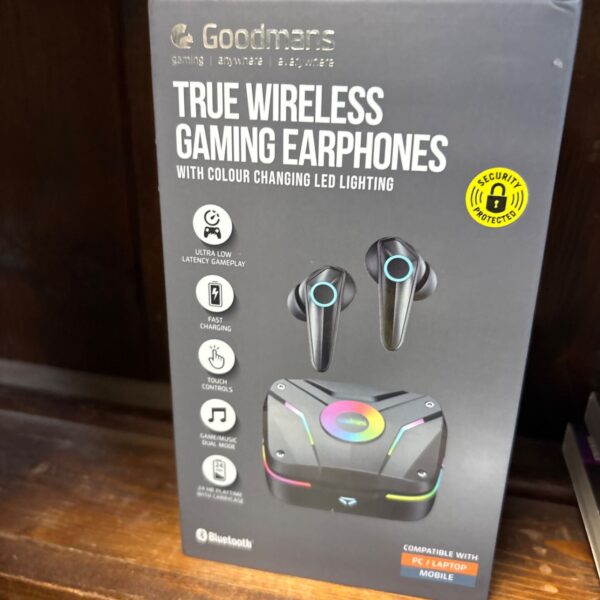 Goodmans true wireless gaming earphones packaging and contents.