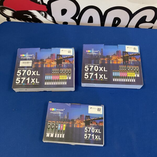 Three sealed boxes of GPC 570XL ink cartridges for printers.