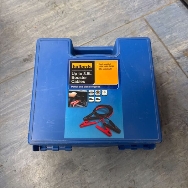 Halfords booster cables in a plastic case, 3.5m length.