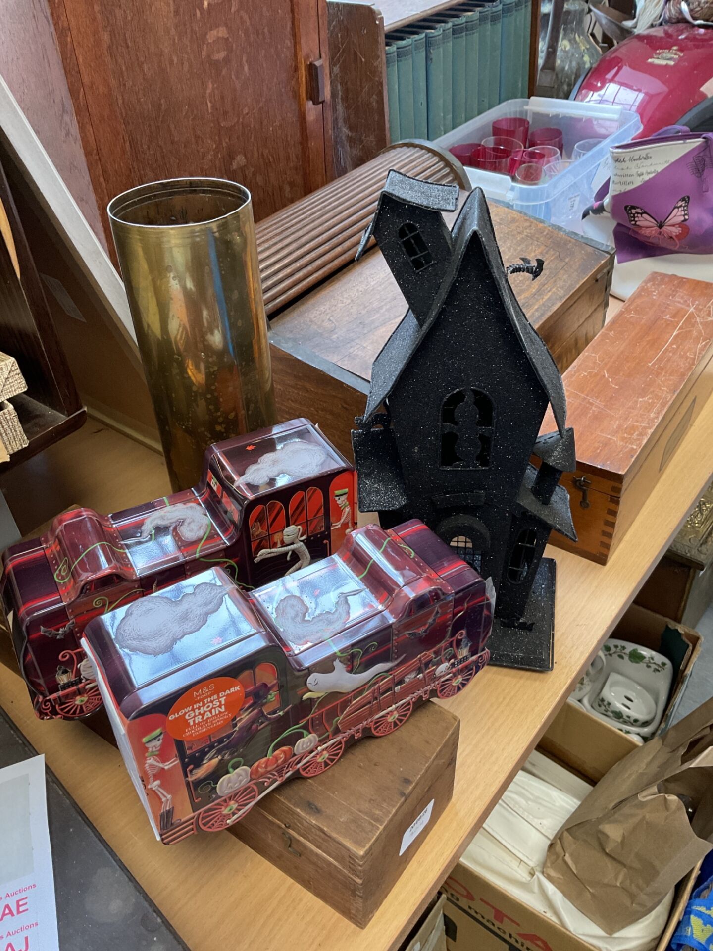 317 Halloween haunted house candle holder & two light up ghost train tins