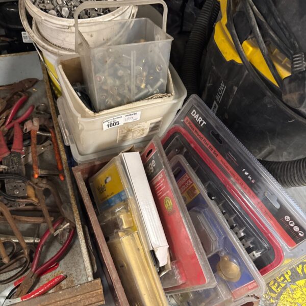 Mixed hardware lot including Yale latch and wood drill bits.