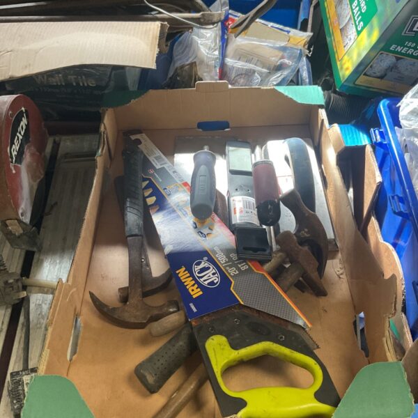 Hardware tool lot featuring Irwin jack saw and hammers.