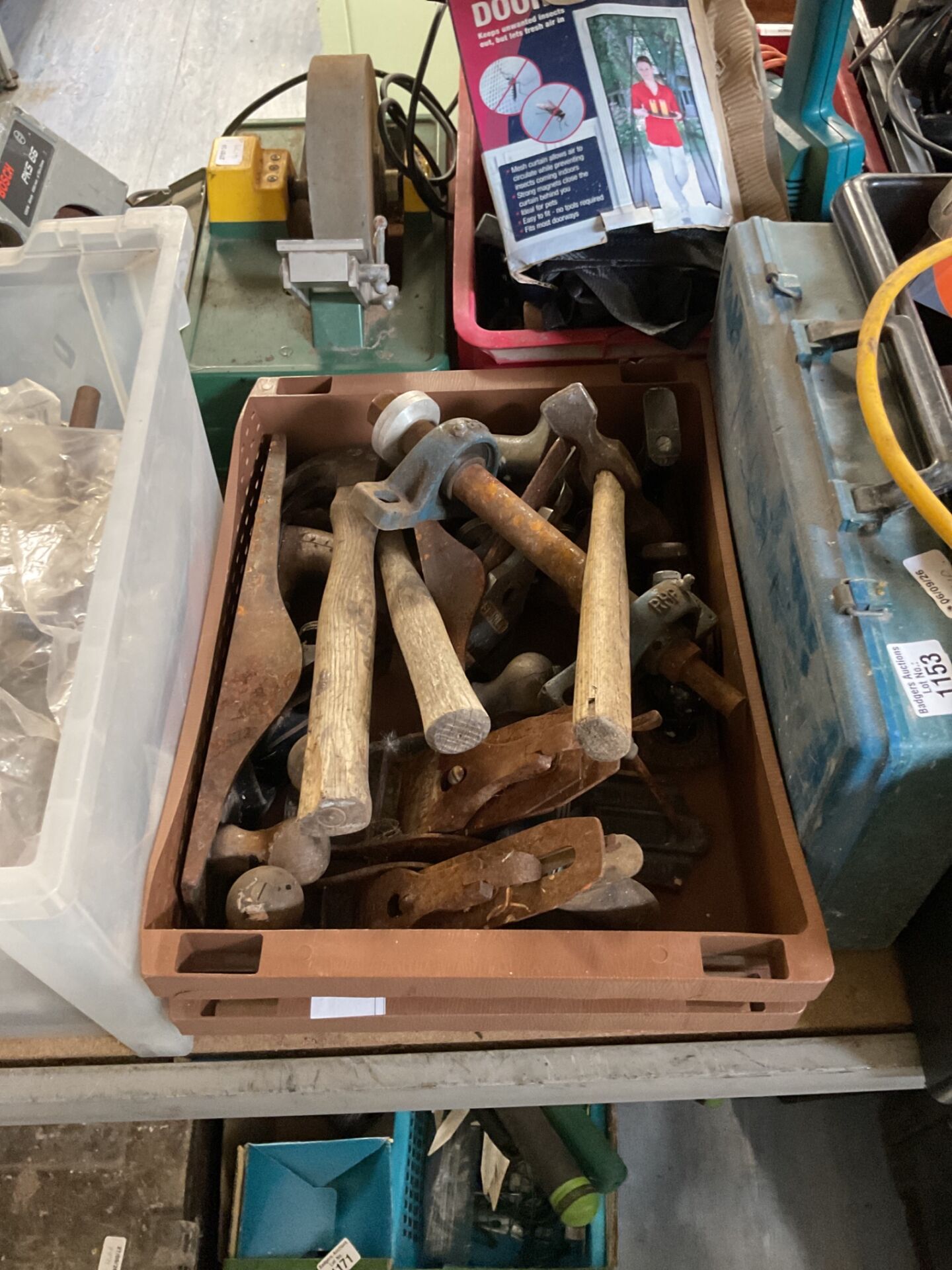 1152 Box of hard wear tools including hammers