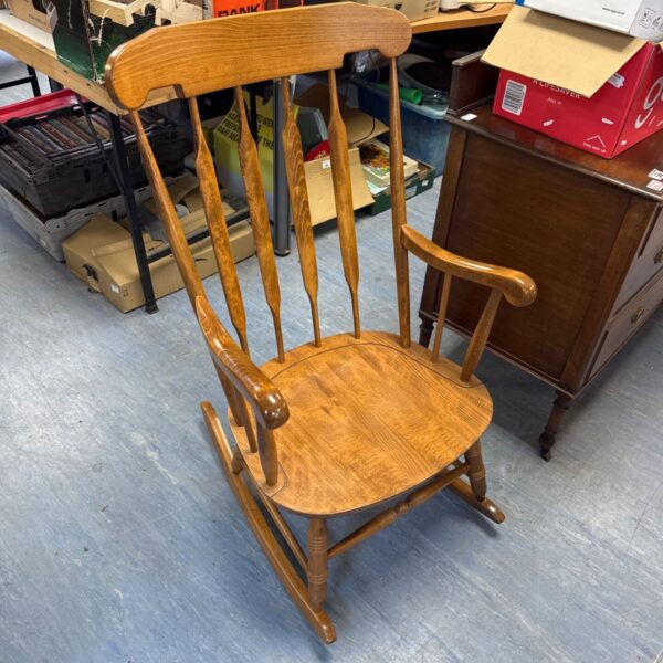 Large Harrods beechwood rocking chair, vintage designer furniture.