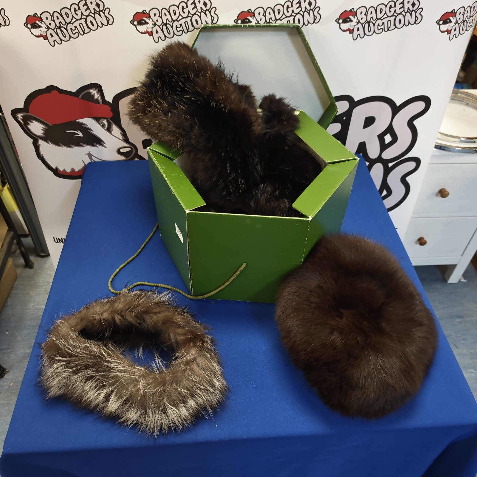 Harrods fox fur hats lot, vintage luxury winter accessories.