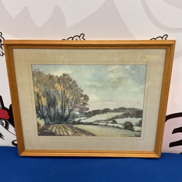 Harry Moorhouse watercolour painting of a rolling countryside landscape.