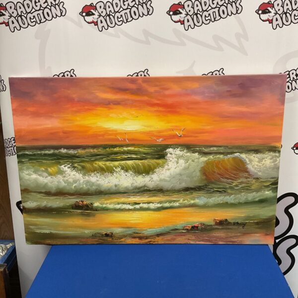 Original Harvey tidal sunset painting with crashing waves.