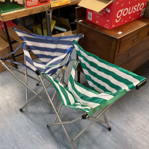 Vintage Hestair McClaren Gadabout folding walking stick chair in green and white stripes.