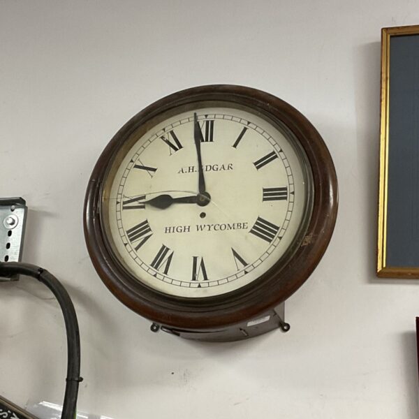 Vintage A. H. Edgar High Wycombe school wall clock with cracked glass.