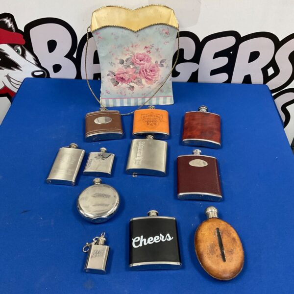 Vintage hip flasks lot, stainless steel pocket flasks for collectors.