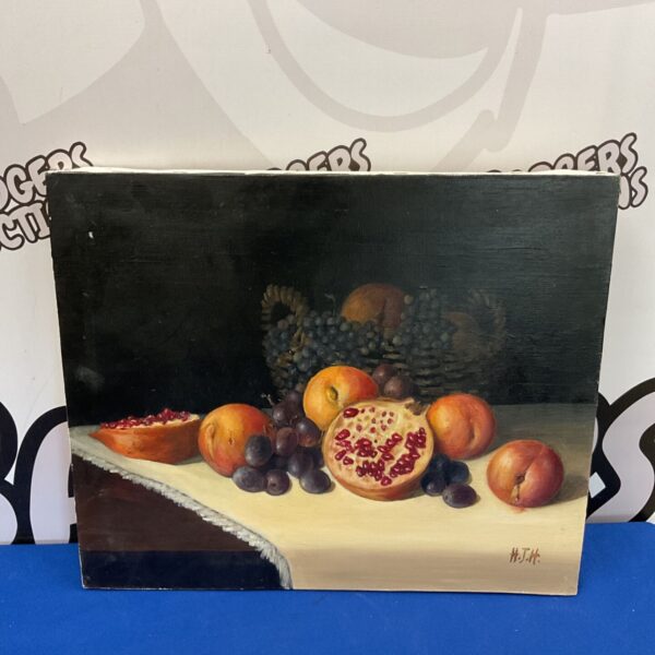 Vintage still life oil painting of fruit signed H J H.