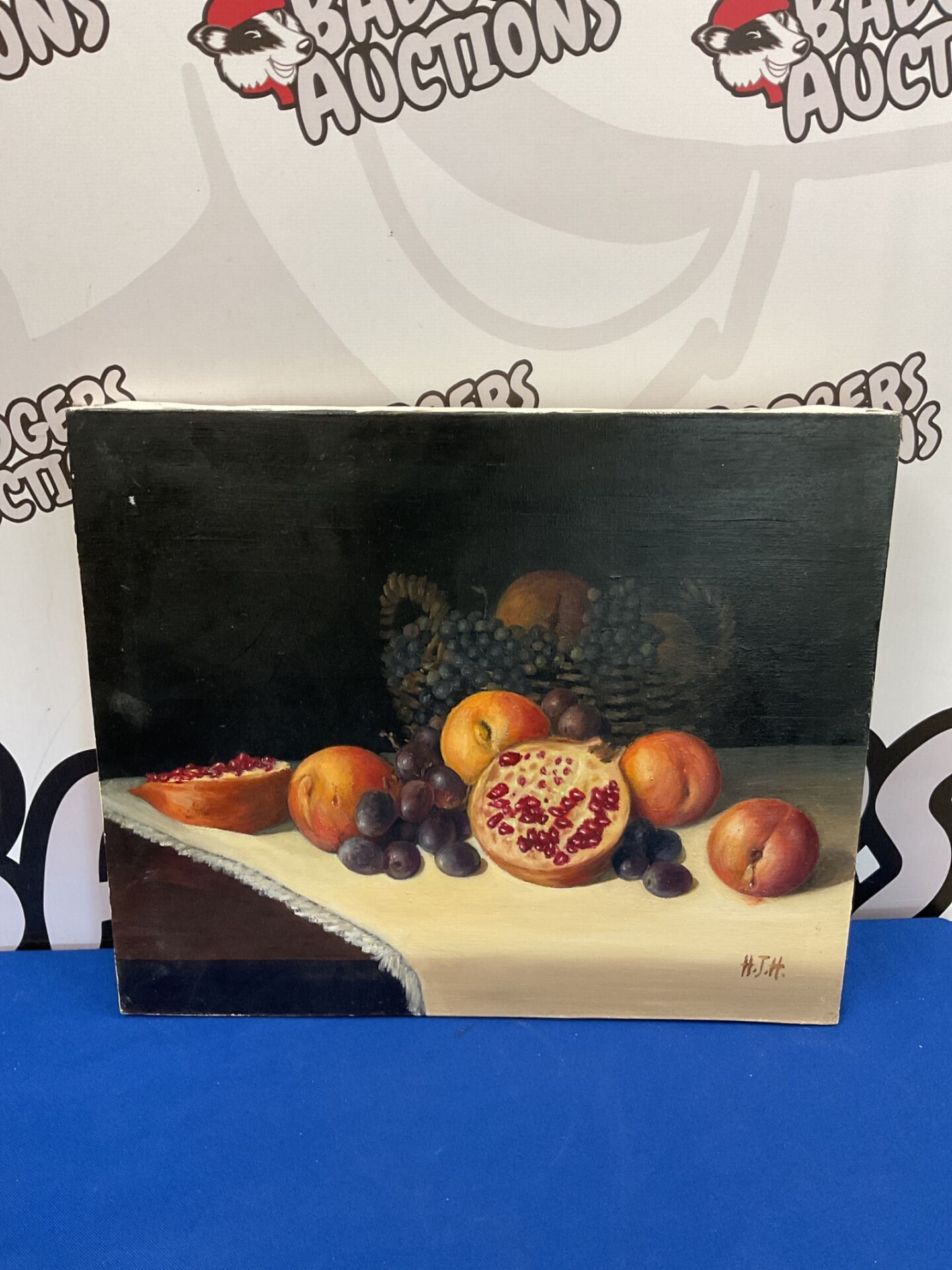 746 H J H signed still life oil painting of fruit