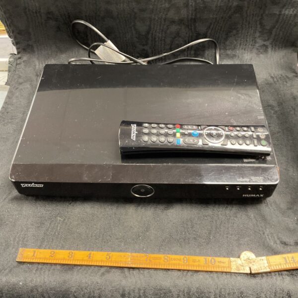 Black Humax Youview set top box with remote control.