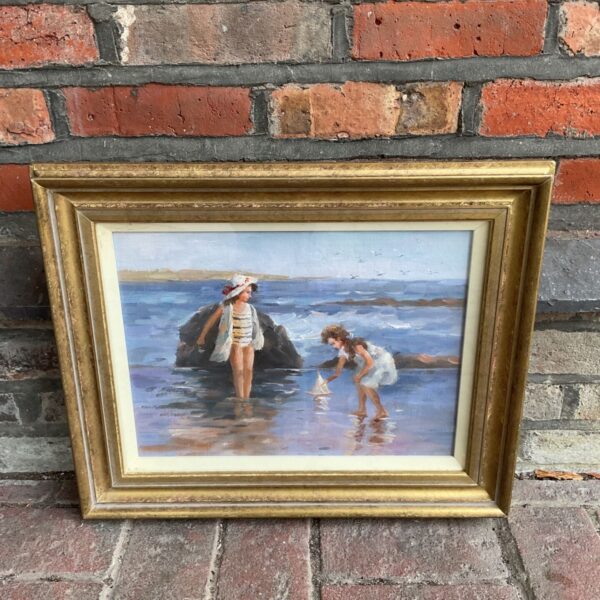 Vintage impressionist oil painting of children at the seaside.