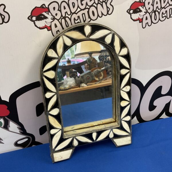 Indian silver and bone arch wall mirror with intricate inlay.