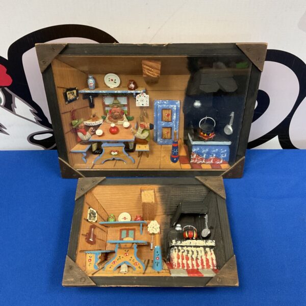 Vintage Italian kitchen diorama, detailed hand carved miniature scene.