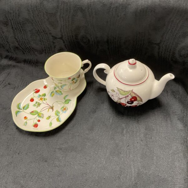 Vintage James Kent strawberry teapot set with cup and plate.