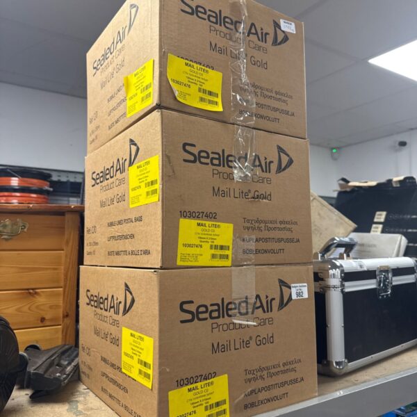 Sealed boxes of 150x210mm jiffy envelopes for secure mailing.