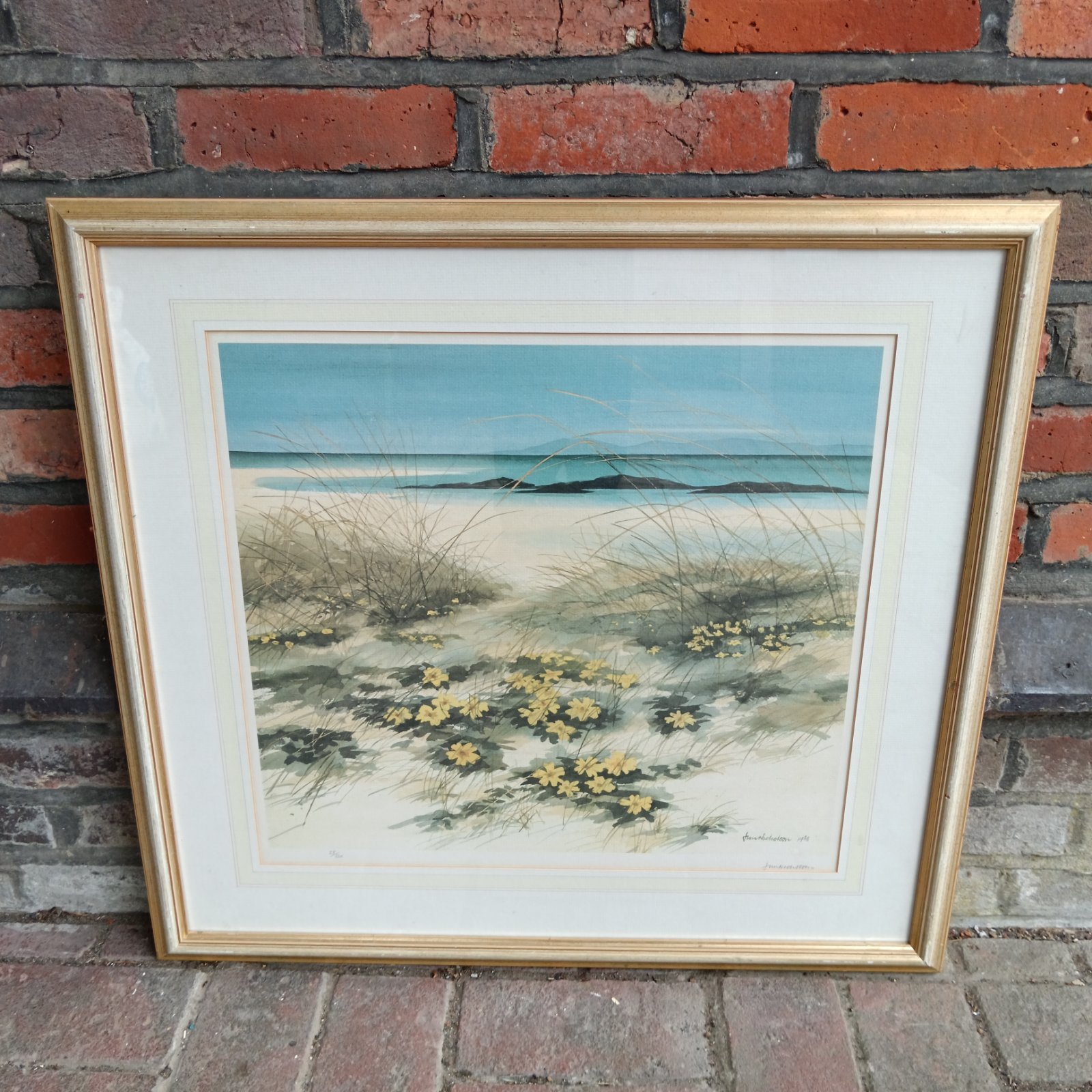 Limited edition Jim Nicholson print of dune flowers and coastal landscape.