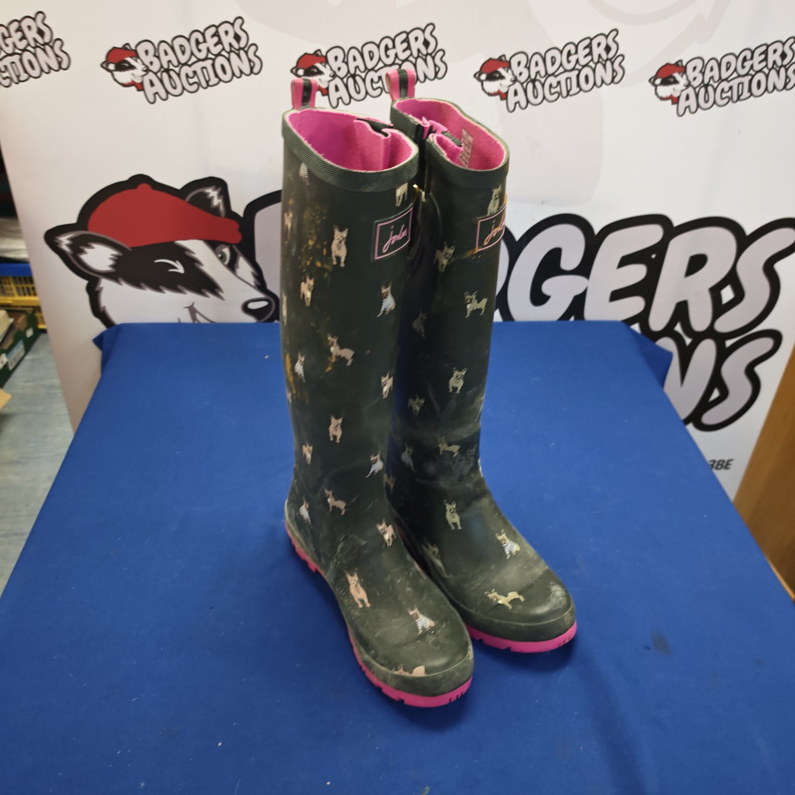 Ladies size 6 Jonles Wellington boots with a pug pattern.