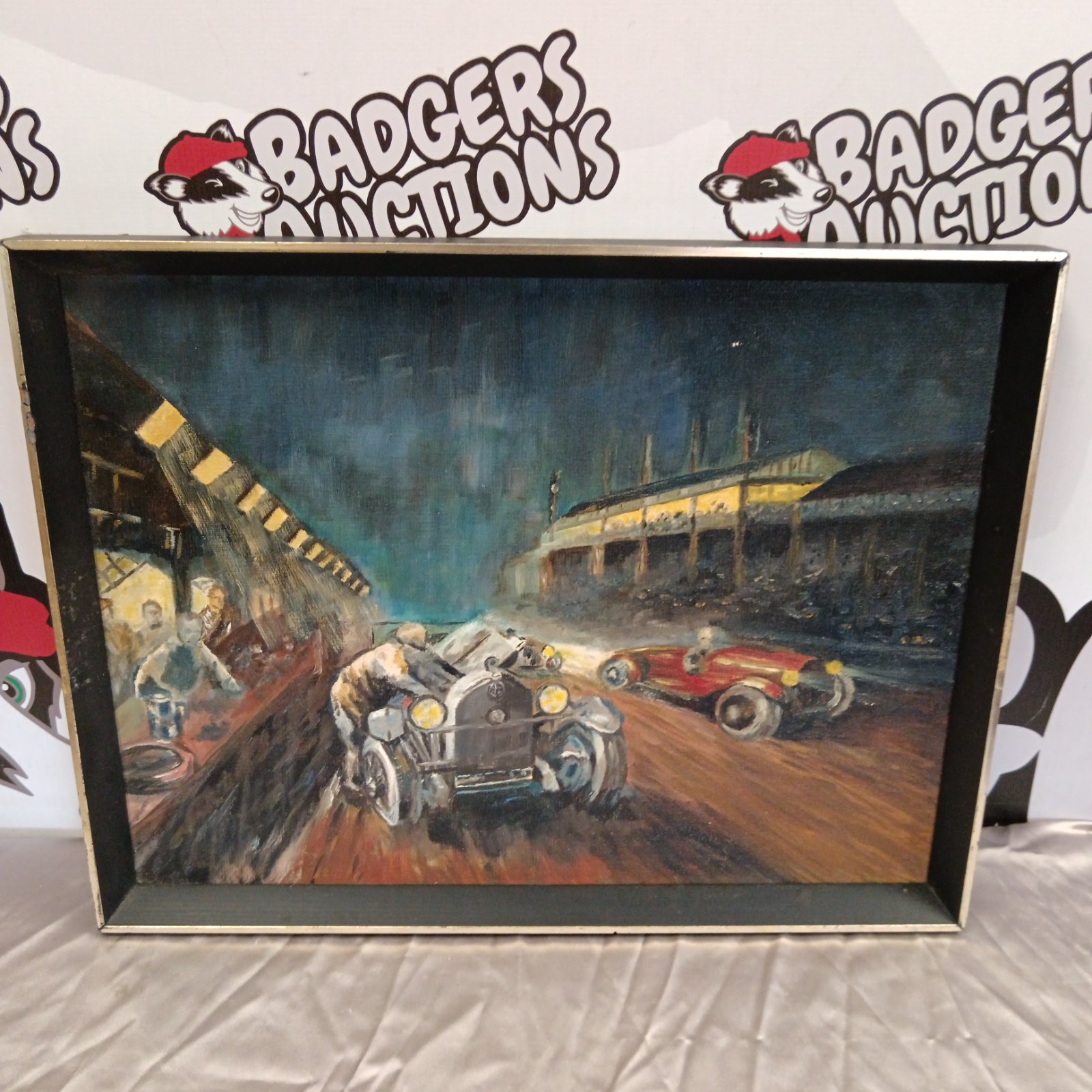 Joy Watson painting of vintage motor racing scene with classic cars.
