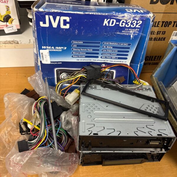 JVC KD-G322 car radio bundle with cables and accessories.