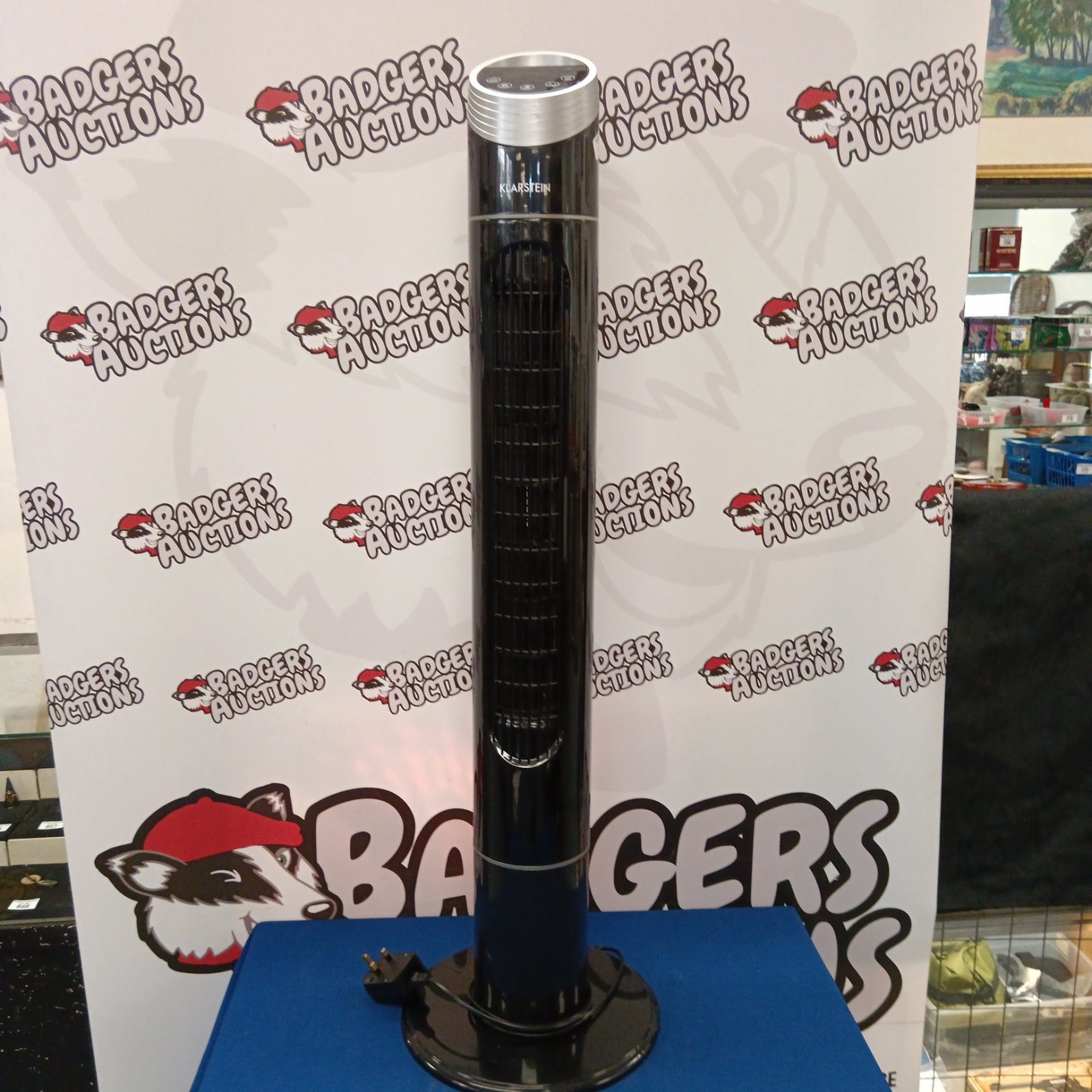 Black Klarstein tower fan for home cooling and air circulation.