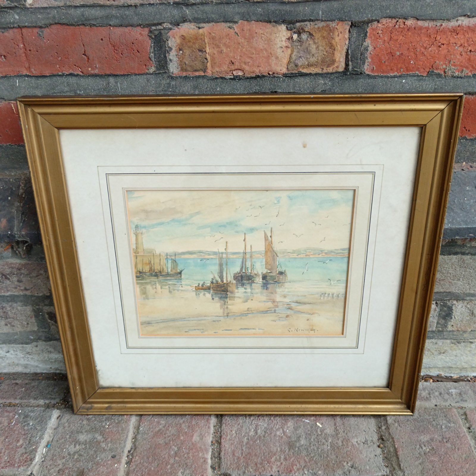 L Newman watercolour painting of St Ives, Cornwall with lighthouse.