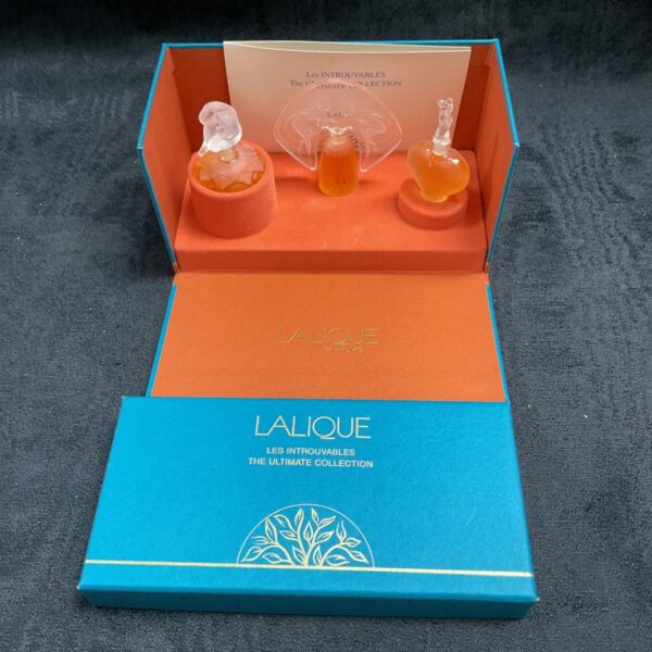 Lalique Les Introuvables Collection boxed set with miniature perfume bottles.