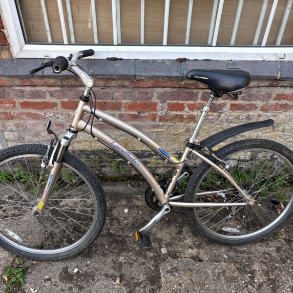 Silver LandRider bicycle with auto-shift gears and step-through frame.