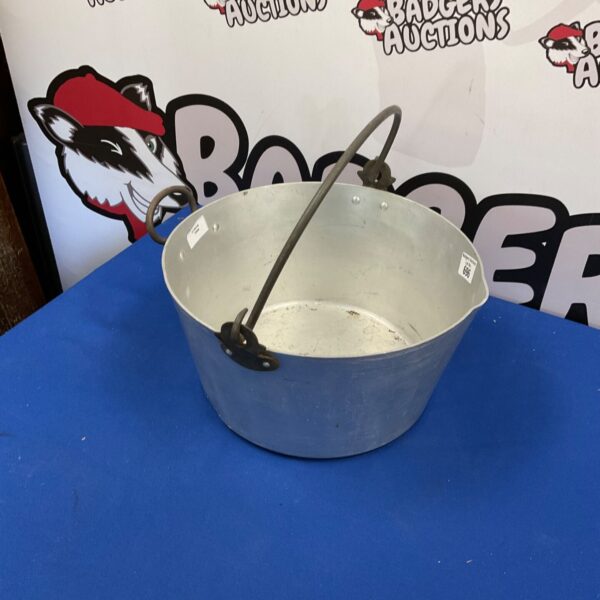 Large metal jam pot with handles, vintage kitchenware.