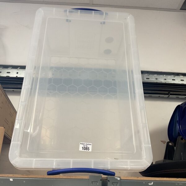 Large plastic storage container for household organization and storage.