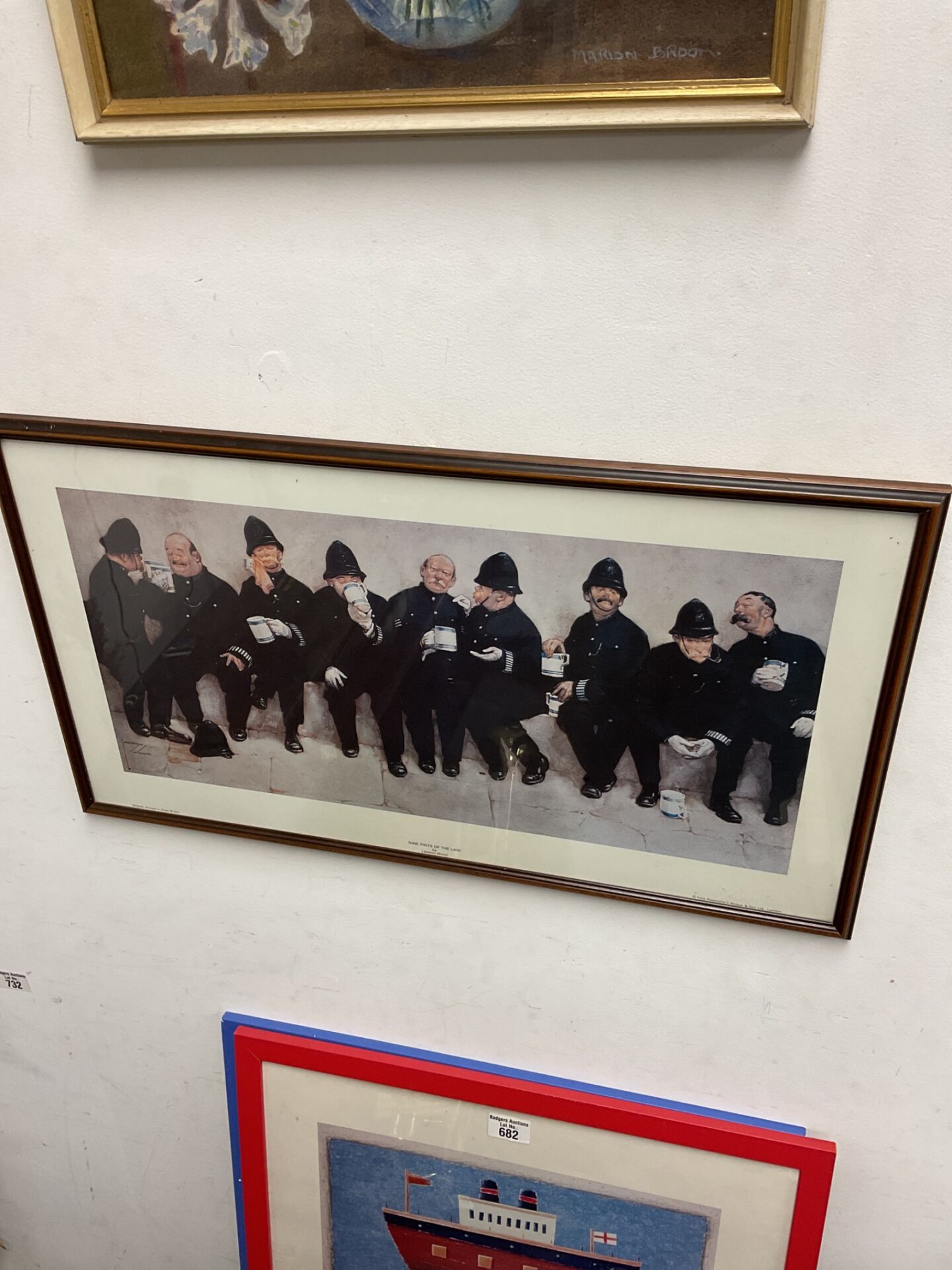 705 Lawson wood framed print of policemen titled nine pints of the law