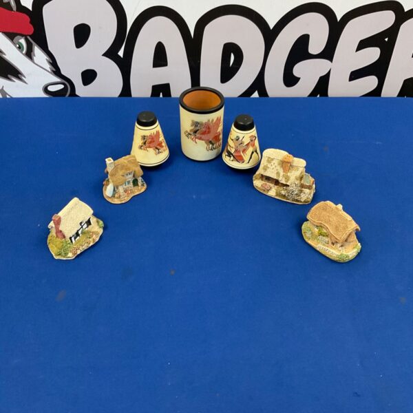 Lilliput Lane cottages with Greek pottery salt and pepper pots.
