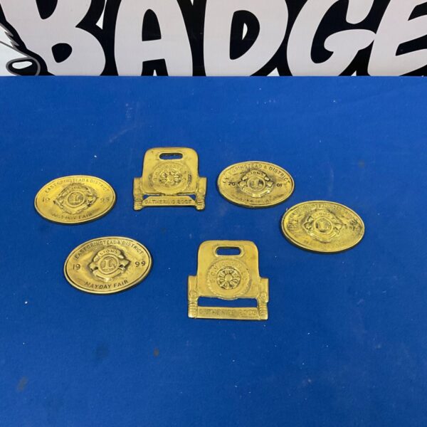 Vintage brass Lions Club badges with district details.