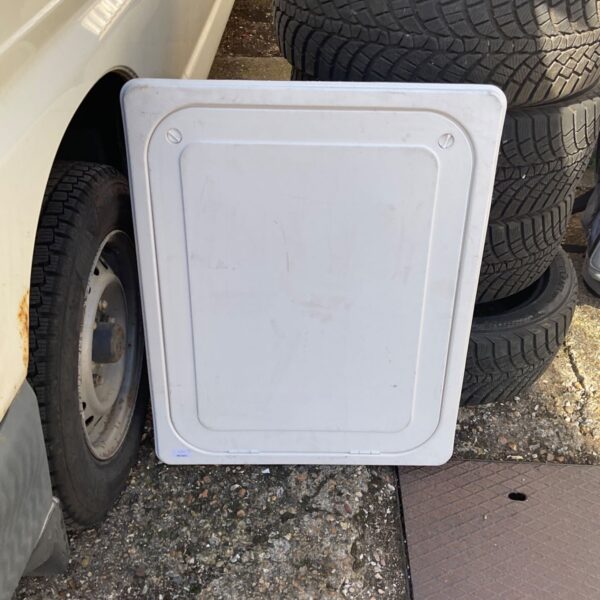 White plastic loft hatch measuring 800mm x 650mm for attic access.