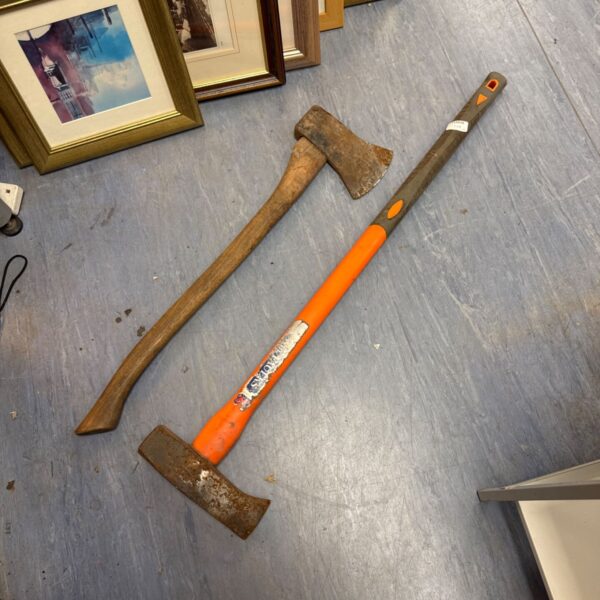 Orange handled log splitting axe for firewood and garden use.