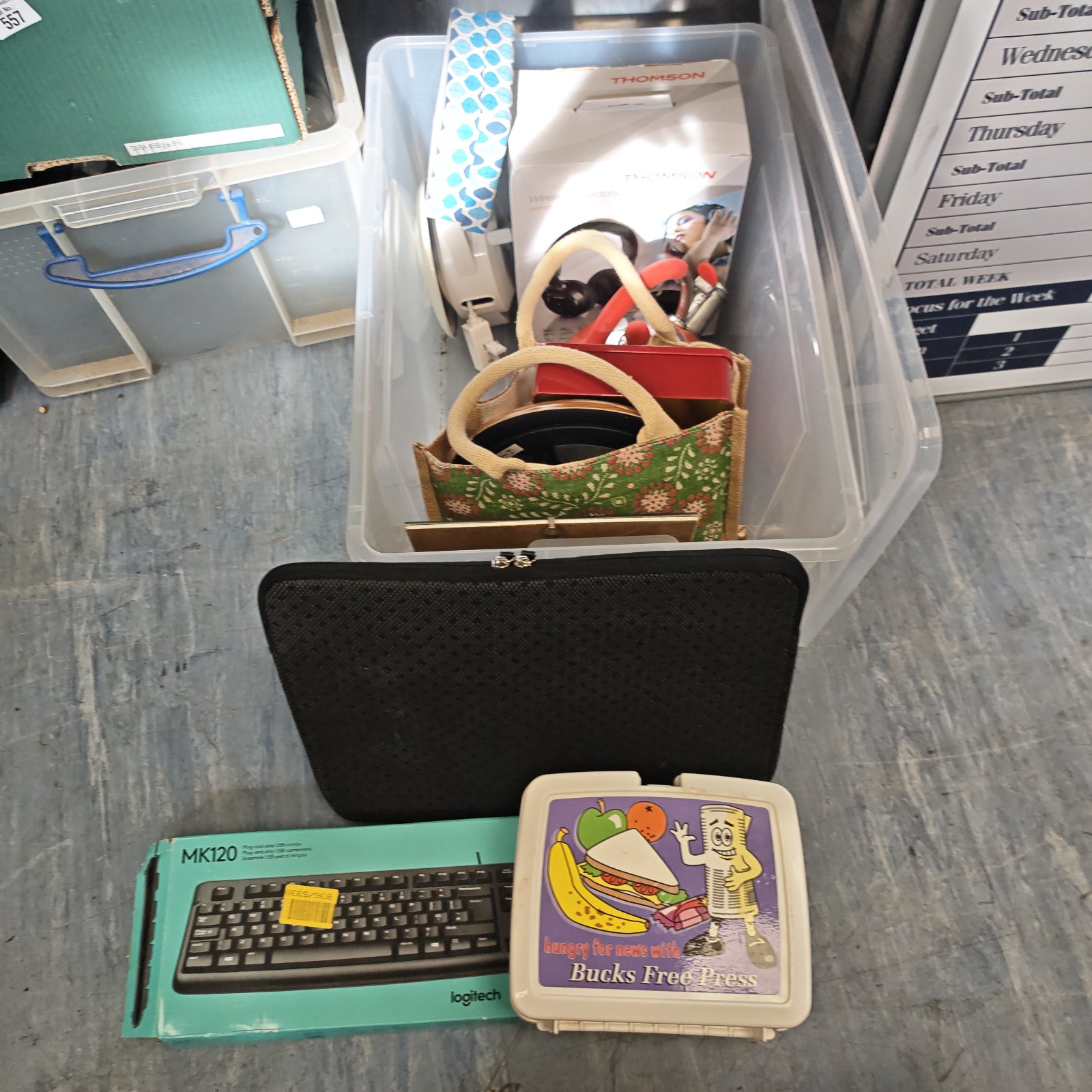 Wireless keyboard bundle with headphones and vintage lunchbox.