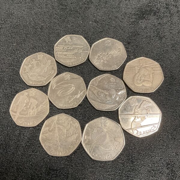 Set of ten 2011 London Olympic 50p coins for collectors.