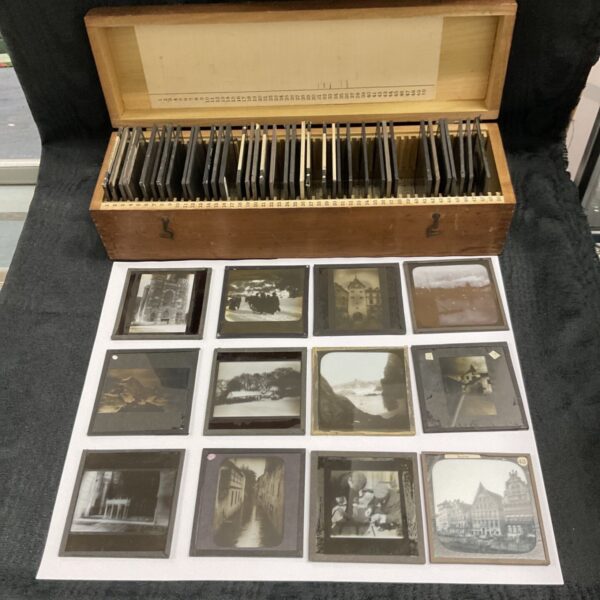 Wooden Tray of 49 vintage magic lantern slides