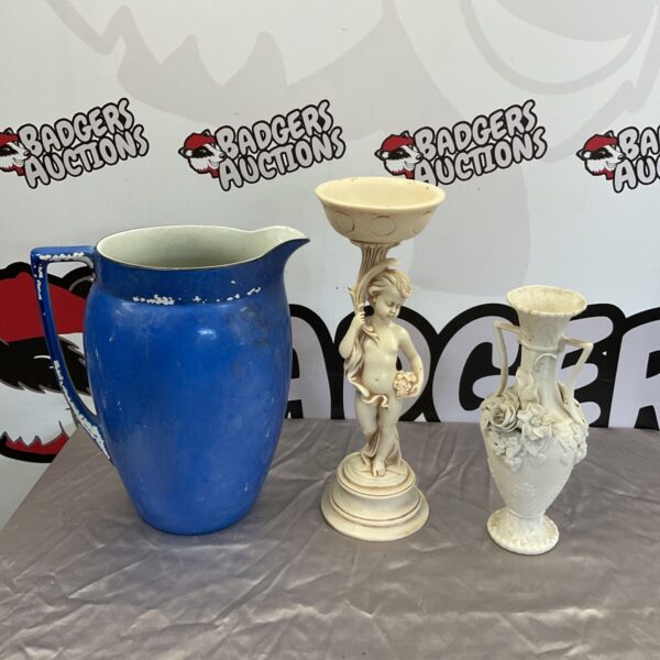 Resin cherub pedestal dish, bisque porcelain floral pattern vases & large blue water jug