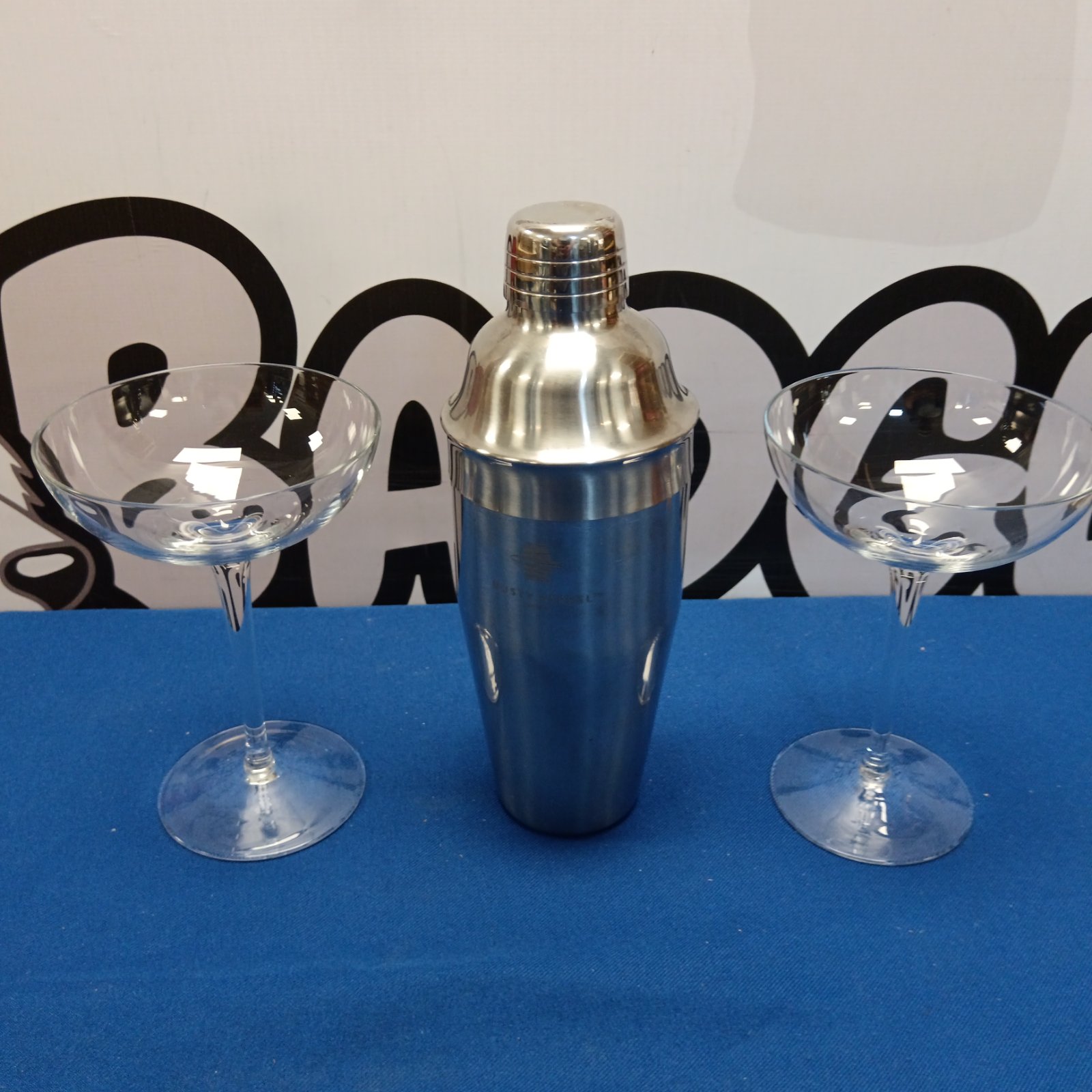 Rusty Barrel branded cocktail shaker & 2 glasses